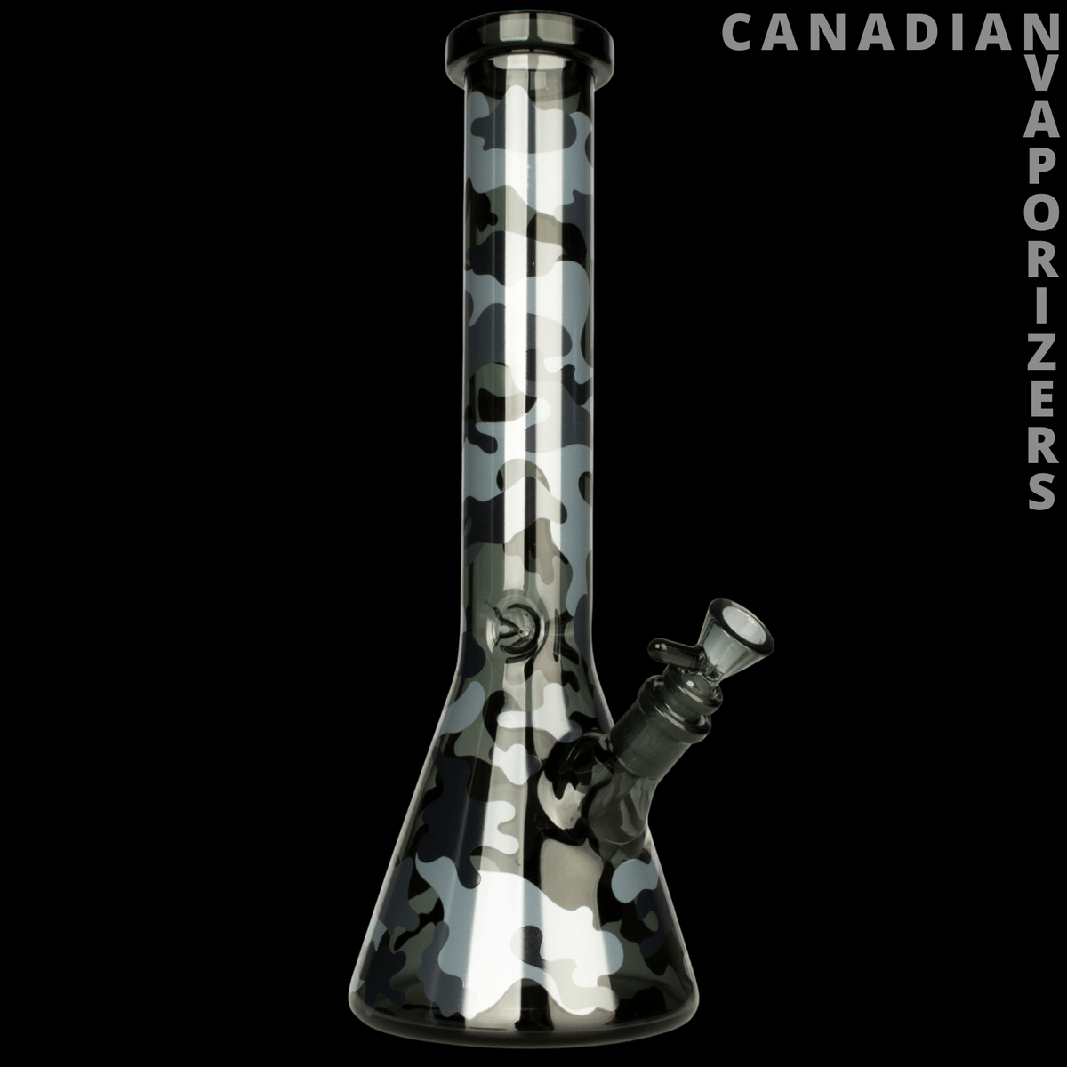 Red Eye Glass 15" Camouflage Beaker Base Water Pipe - 15-inch smoke glass beaker water pipe with a black, gray, and white camouflage pattern and angled side joint.