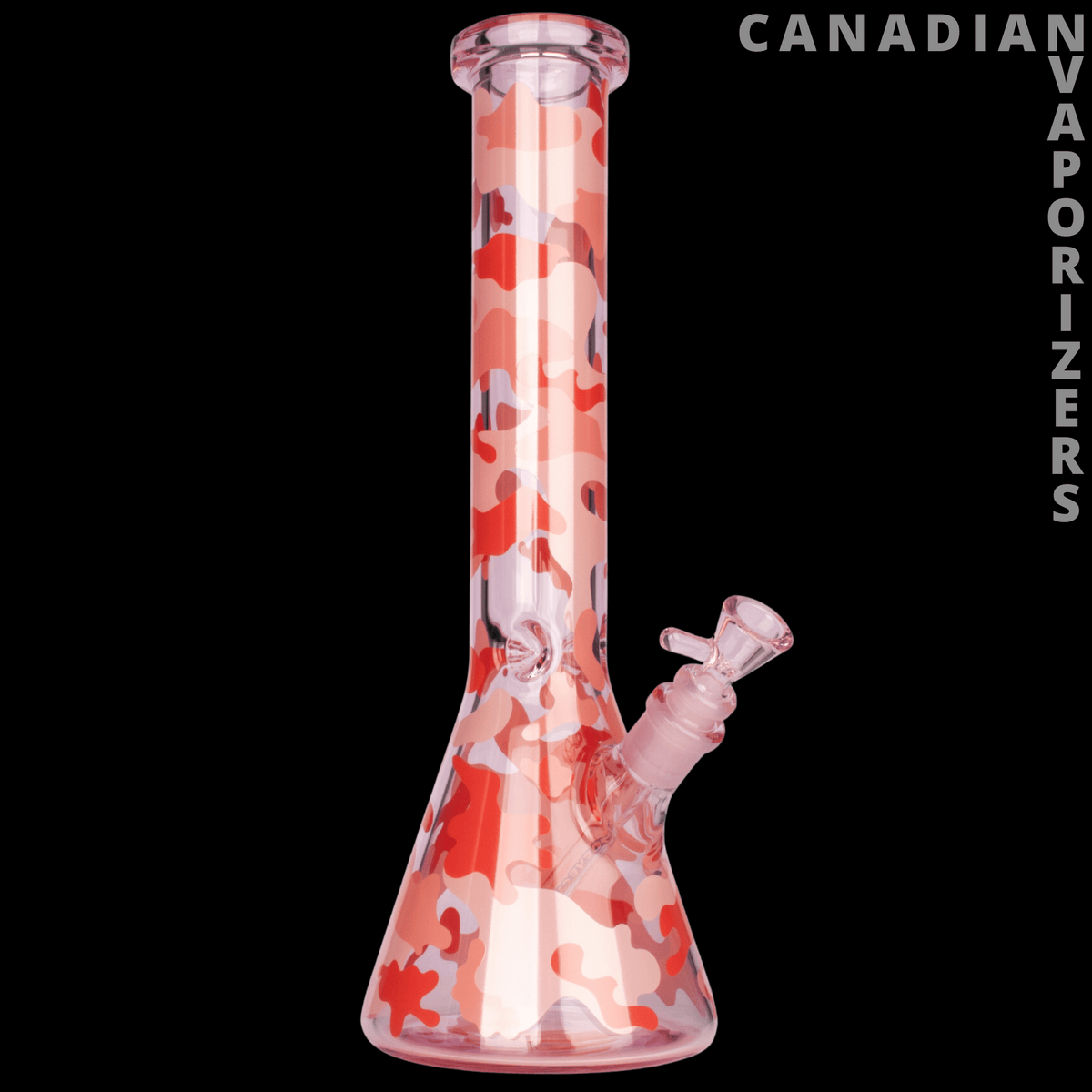 Red Eye Glass 15" Camouflage Beaker Base Water Pipe - 15-inch pink camouflage glass beaker water pipe with a flared base and angled side joint.