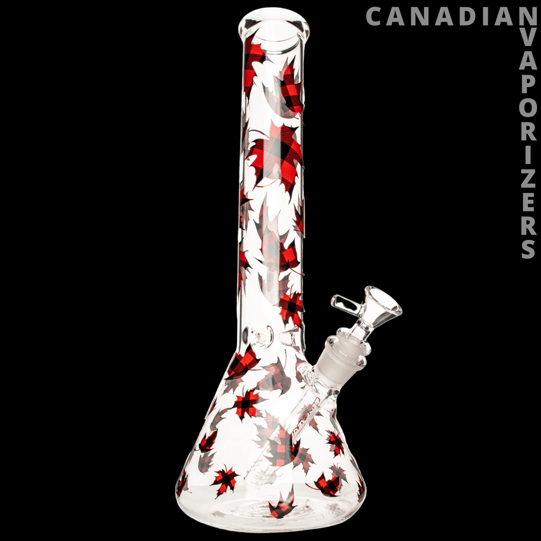 Red Eye Glass | 15" Plaid Maple Leaf Beaker Base Water Pipe - Canadian Vaporizers