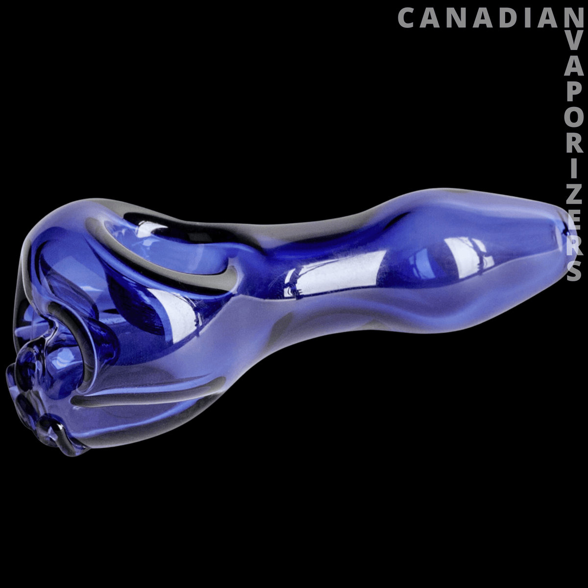 Red Eye Glass 4.25" Skull Hand Pipe - Blue glass hand pipe with a sculpted skull bowl and elongated curved stem.