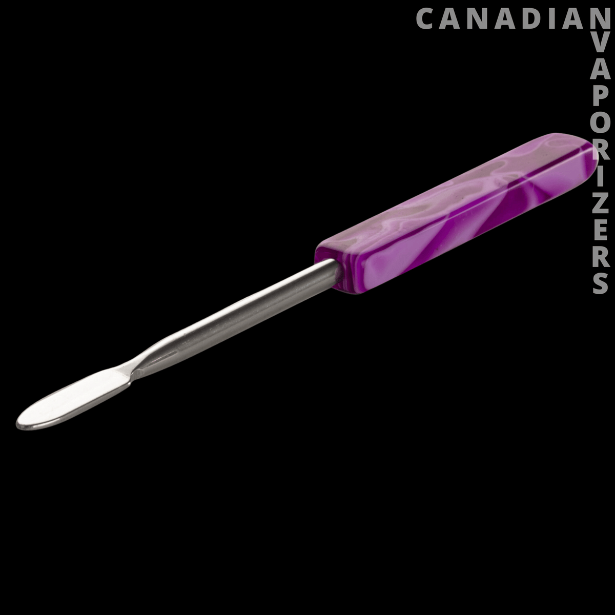 Red Eye Glass 6" Dab Tool - Stainless steel dab tool with a purple marbled glass handle and flat spoon tip.