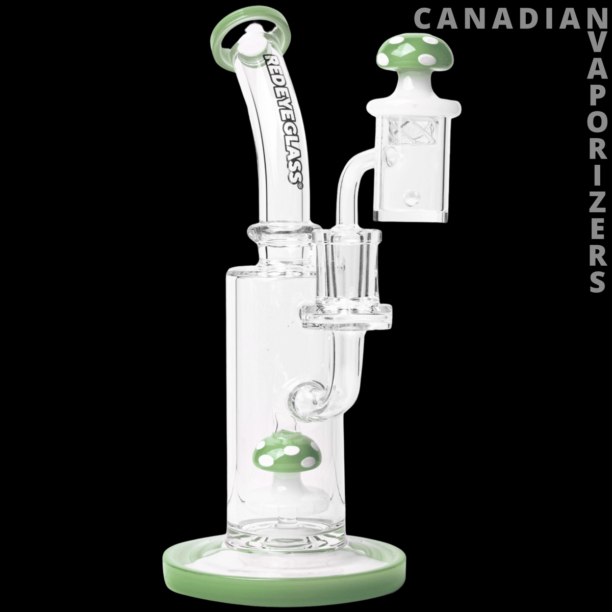 Red Eye Glass 7" Funguy Concentrate Rig Set - Clear glass concentrate rig with green mushroom-shaped accents, curved stem, and round green base.