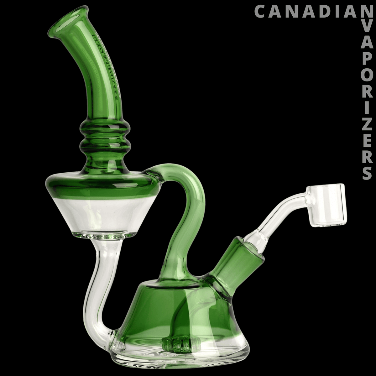 Red Eye Glass 7.5" Waterton Concentrate Recycler - Green glass concentrate recycler with a curved neck, clear water chamber, and angled glass mouthpiece.