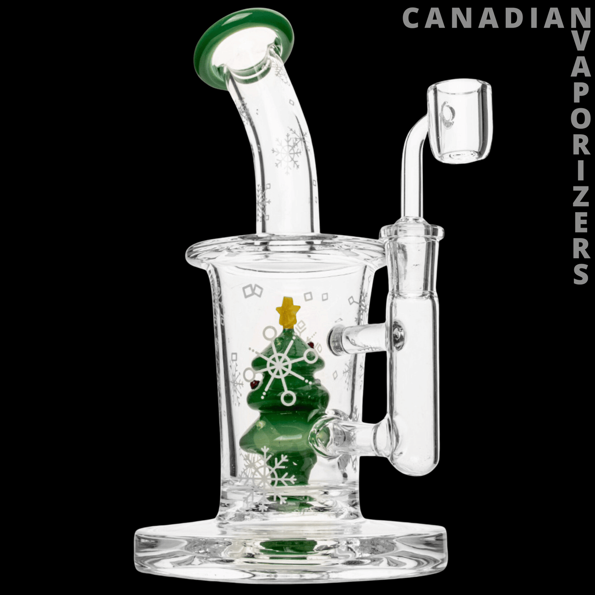 Red Eye Glass 8.5" Christmas Tree Concentrate Rig - Clear glass concentrate rig with a curved neck, upright chamber, and green Christmas tree design inside.