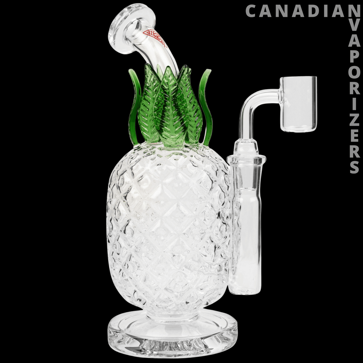 Red Eye Glass | 8.5" Pineapple Concentrate Rig - Clear glass pineapple concentrate rig with textured body, green crown, curved neck, and side-mounted chamber.