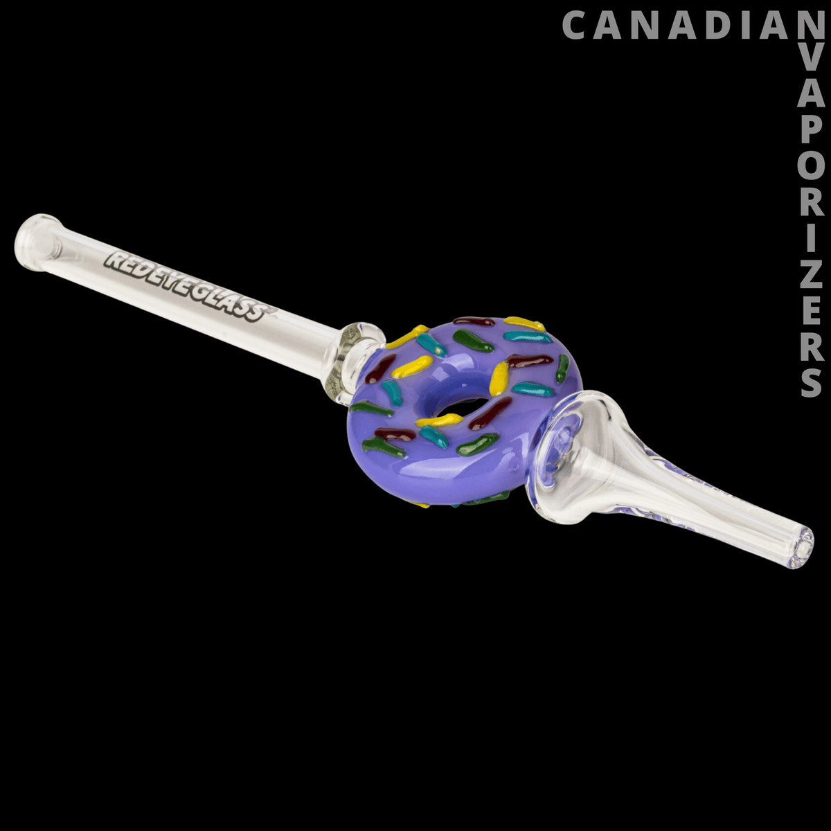 Red Eye Glass 9" Donut Concentrate Collector - Purple glass donut concentrate collector with colorful accents and a clear tapered mouthpiece.
