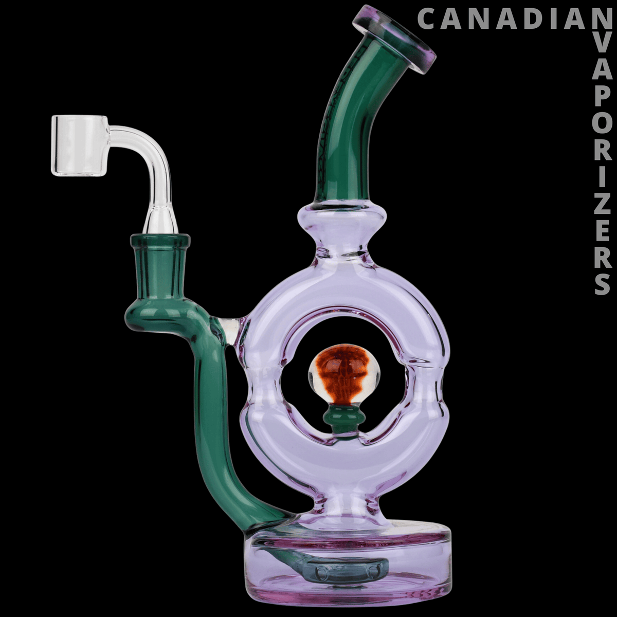 Red Eye Glass 9" Donut Rig - Purple glass donut rig with curved green neck, side arm, and orange accent inside the circular chamber.