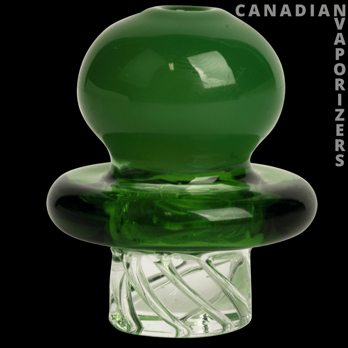 Red Eye Glass Button Whirlpool Carb Cap - Green glass whirlpool carb cap with a rounded dome, wide rim, and clear swirled base.