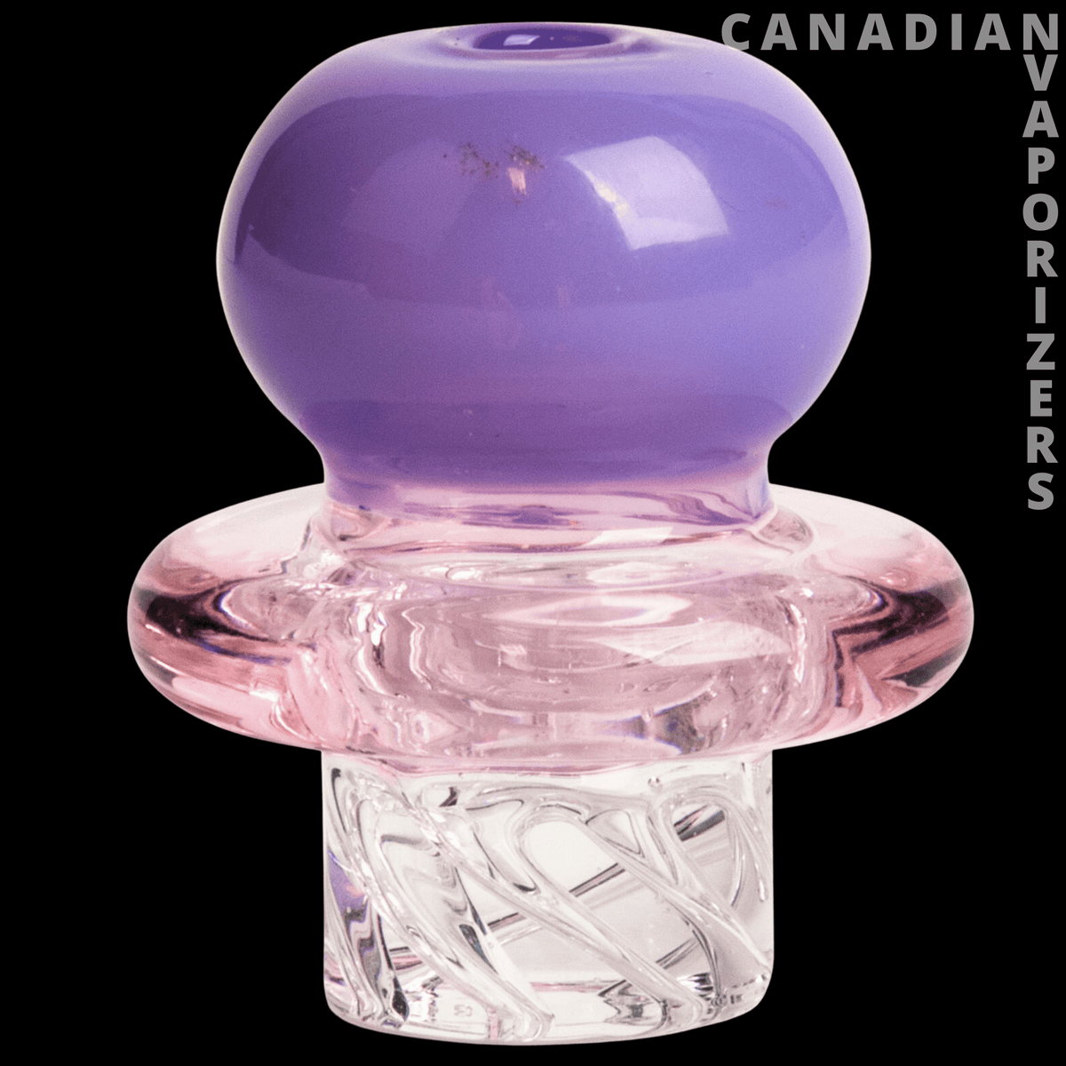 Red Eye Glass Button Whirlpool Carb Cap - Purple glass whirlpool carb cap with a rounded top, pink clear flange, and textured clear base.