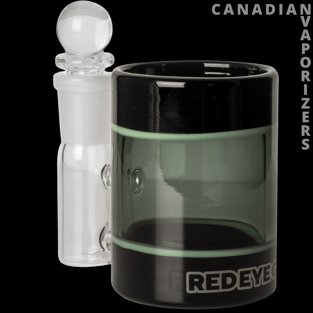 Red Eye Glass Iso Station - Smoke gray cylindrical glass iso station with black rim, pale green bands, and clear glass eye dropper bottle beside it.