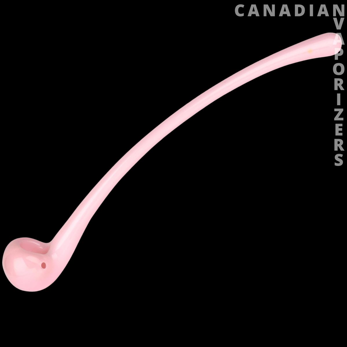 Red Eye Glass Opal Gandalf Hand Pipe - Pink glass Gandalf hand pipe with a long curved stem and rounded bowl, shown vertically.