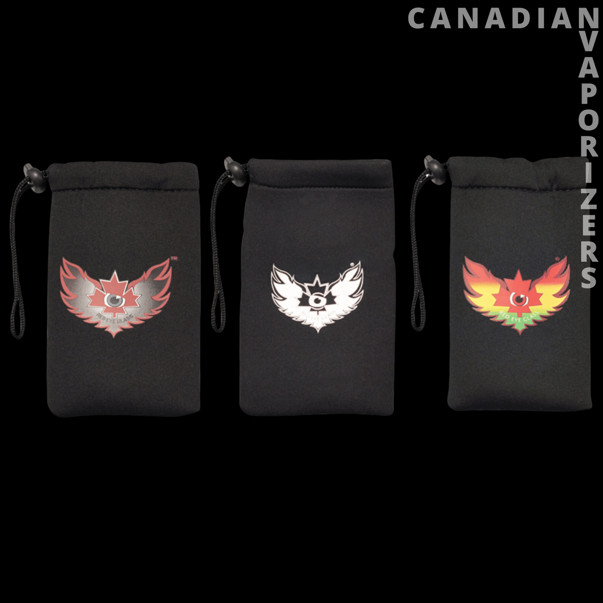 Red Eye Glass Pipe Pouch Bag - Three black drawstring pouches with red, white, and yellow winged eye designs.