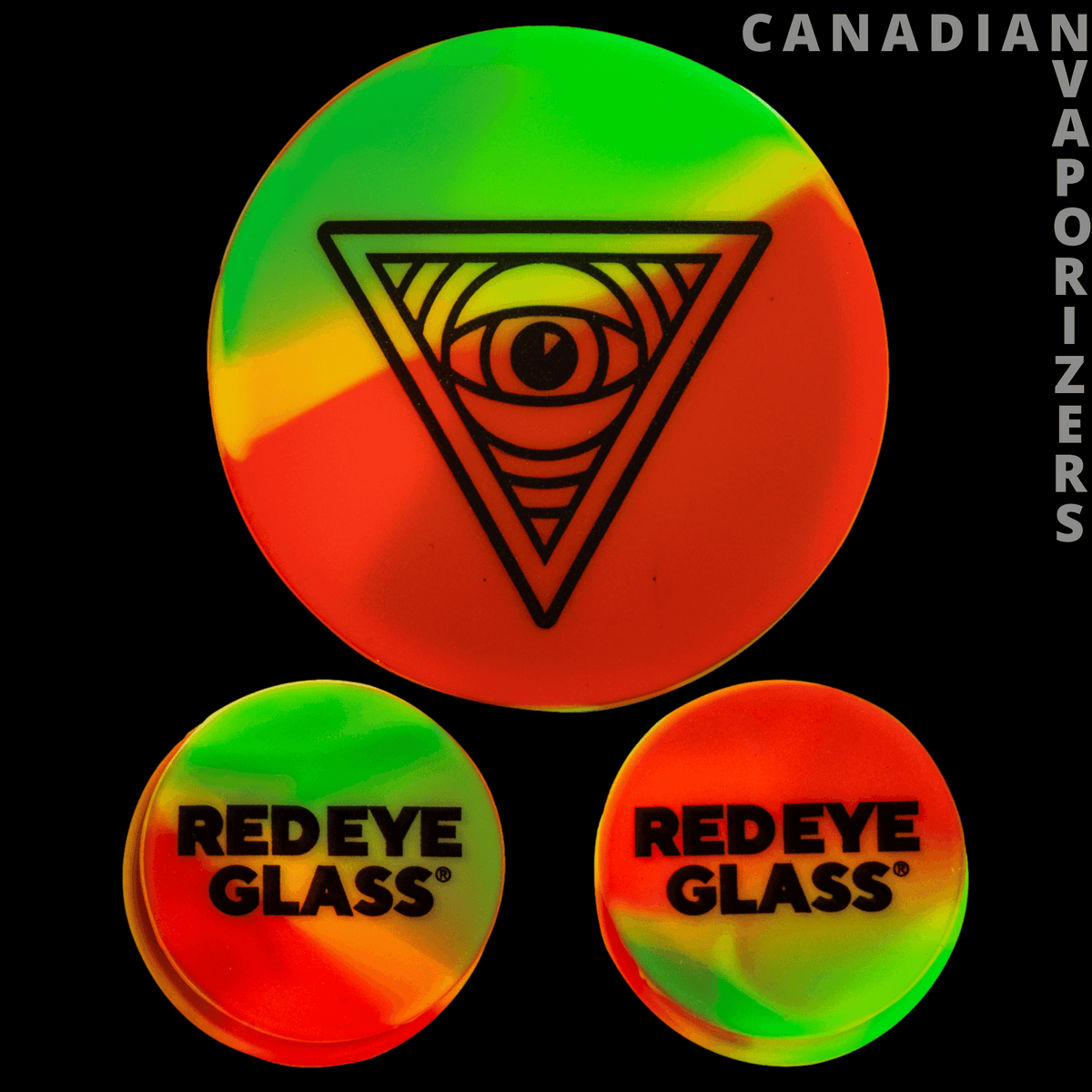 Red Eye Glass Silicone Water Pipe Cleaning Caps - Three round silicone water pipe cleaning caps in red, green, and yellow, with black eye and Red Eye Glass logos.