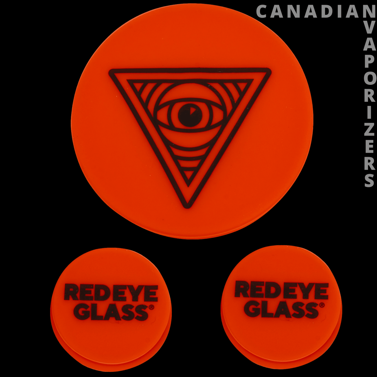 Red Eye Glass Silicone Water Pipe Cleaning Caps - Three orange-red silicone cleaning caps featuring a black triangular eye logo and raised “Red Eye Glass” lettering.