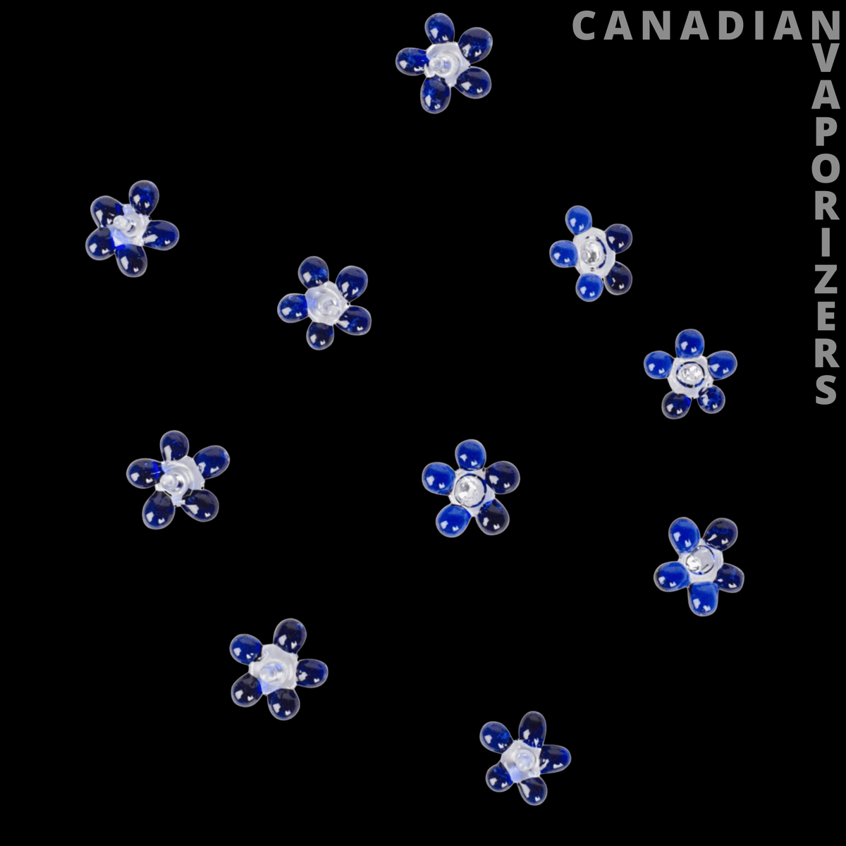Red Eye Glass Small Daisy Glass Screens - Small blue glass daisy screens with clear petal accents arranged on a black background.
