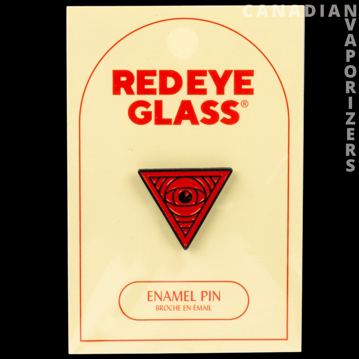 Red Eye Glass Triangle Pin - Red enamel eye triangle pin displayed on a cream card with red lettering.