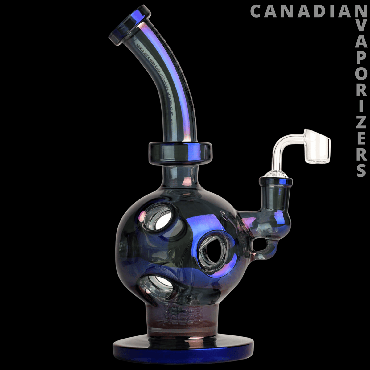 Red Eye Tek 11" Metallic Terminator Finish Swiss Globe Rig - Blue metallic Swiss globe glass rig with a curved neck, multiple circular openings, and a wide base.