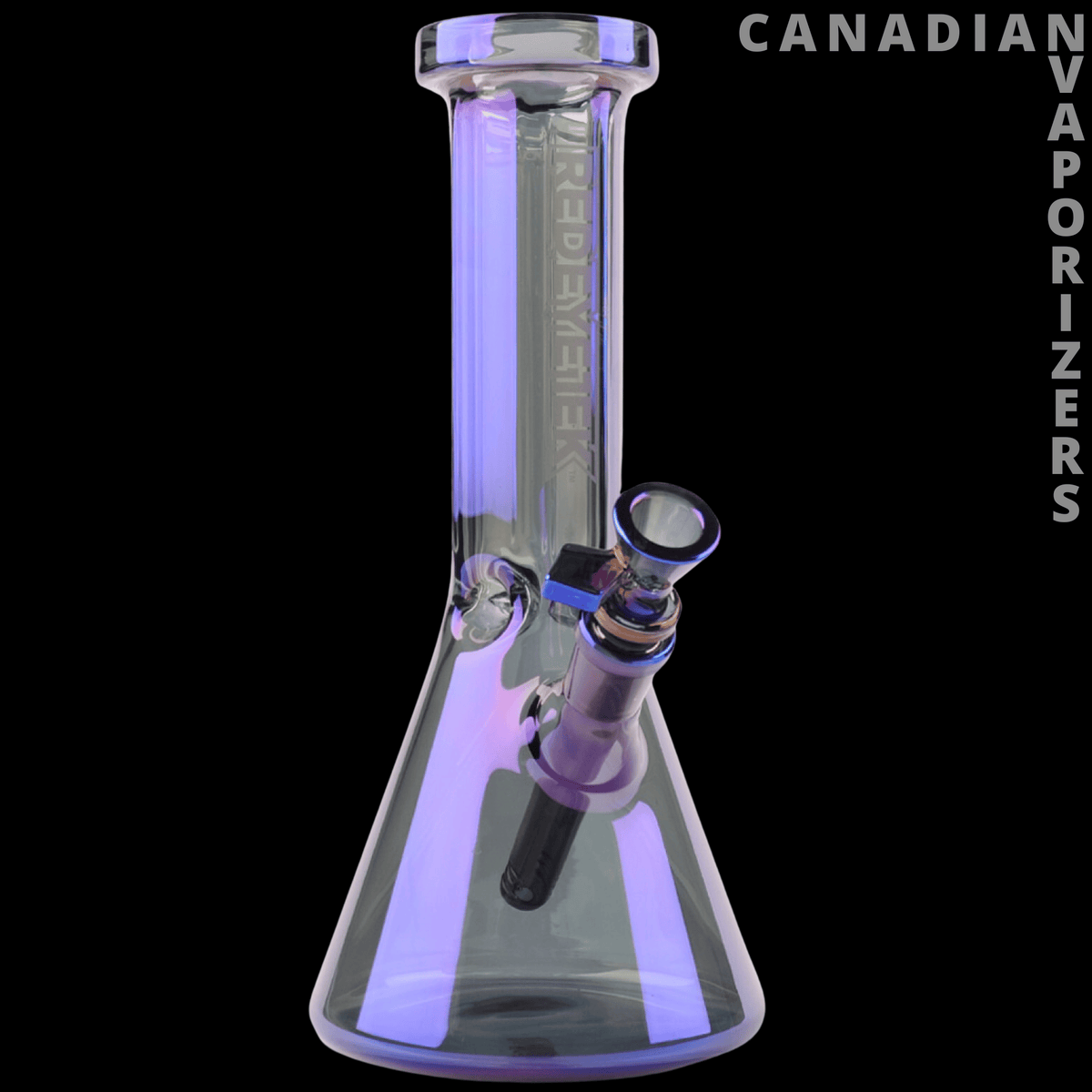Red Eye Tek 12" Metallic Terminator Finish Hex Top Beaker - Metallic purple glass beaker bong with hexagonal top, angled side mouthpiece, and black base.