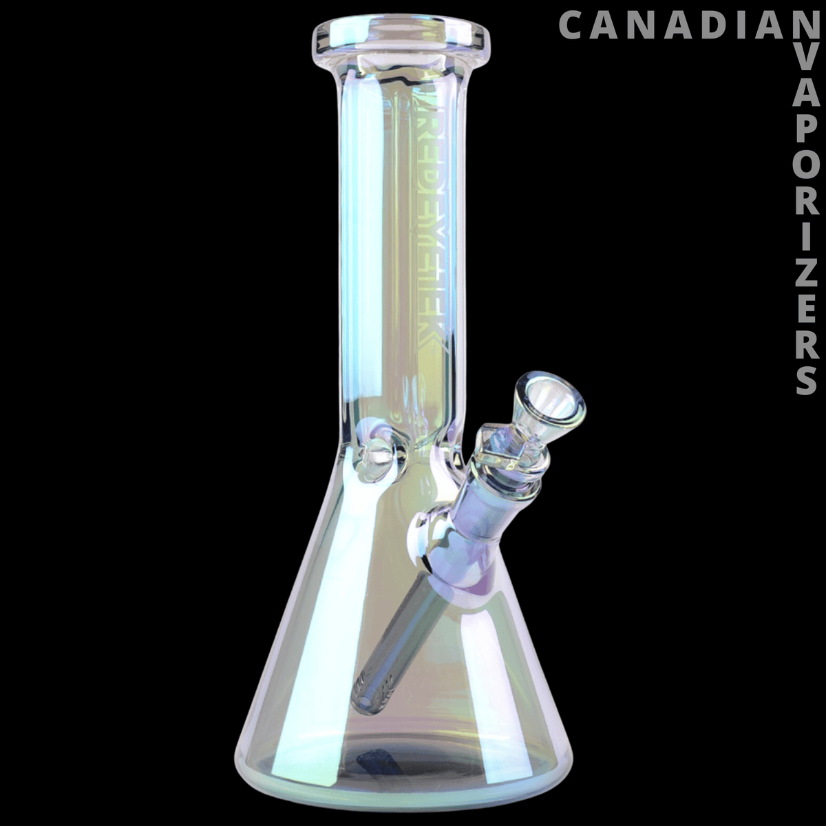 Red Eye Tek 12" Metallic Terminator Finish Hex Top Beaker - Metallic rainbow glass beaker bong with hexagonal base, straight neck, and angled side bowl.