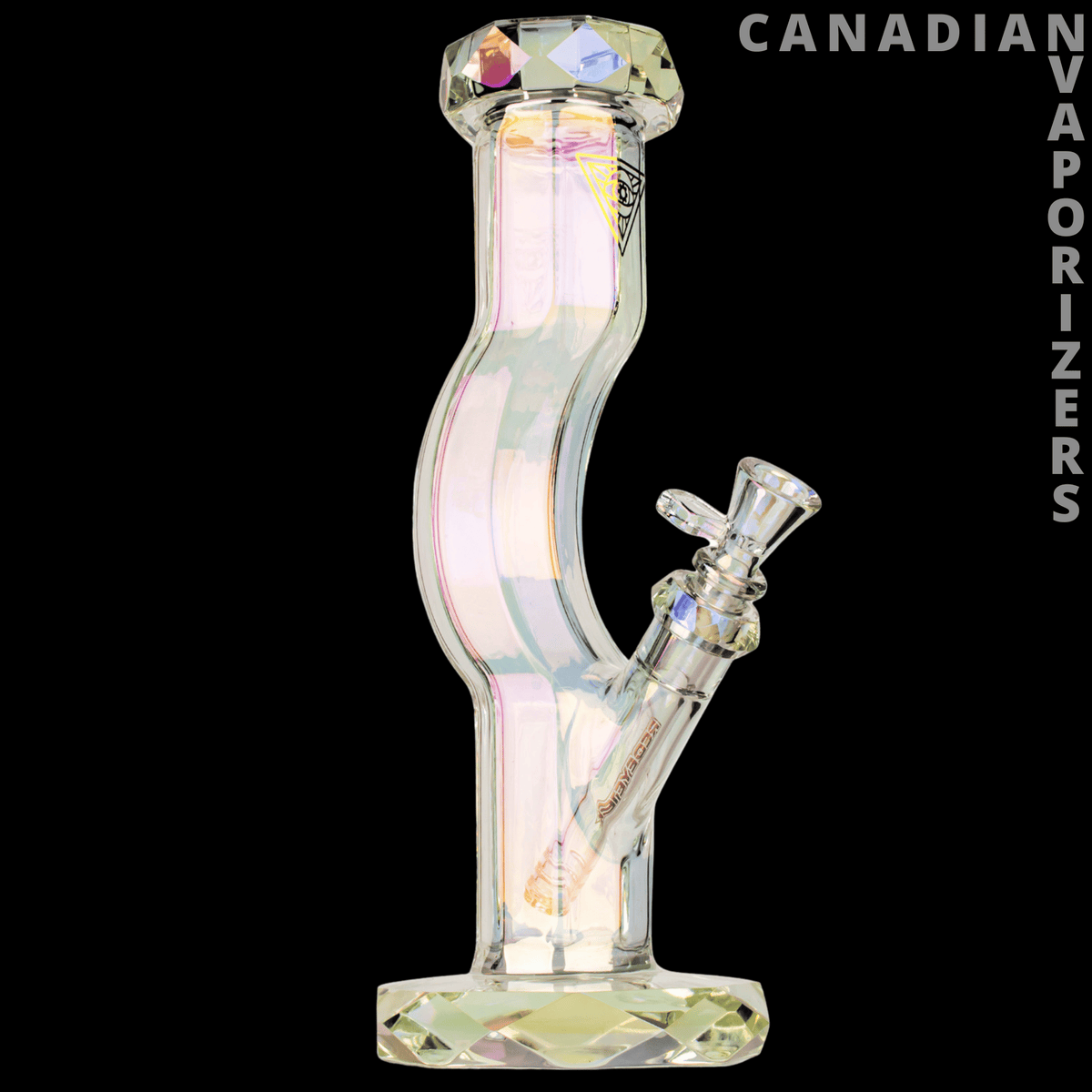 Red Eye Tek 12" Metallic Terminator Finish Hydrus Straight Base Gooseneck Water Pipe - Iridescent glass gooseneck water pipe with a wide base, angled side stem, and faceted top chamber.