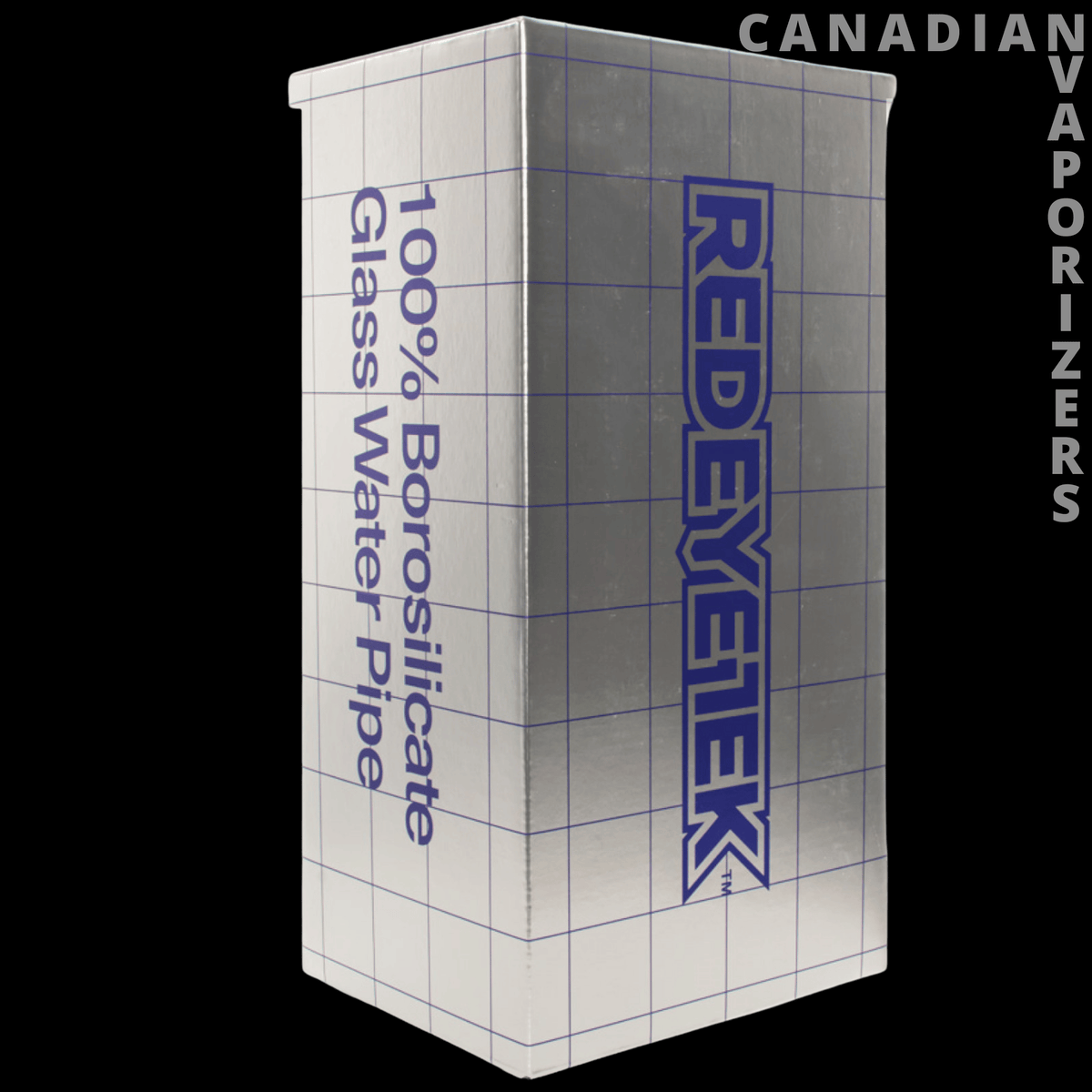 Red Eye Tek 12" Metallic Terminator Finish Orion Beaker Base Water Pipe - White Red Eye Tek water pipe box with blue grid lines and bold vertical branding.