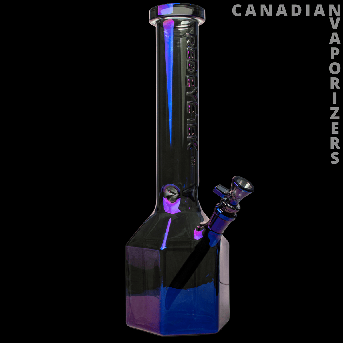 Red Eye Tek 14" Metallic Terminator Finish Prismatic Tube - Rainbow-finish glass water pipe with a tall tube, prismatic chamber, and angled bowl.
