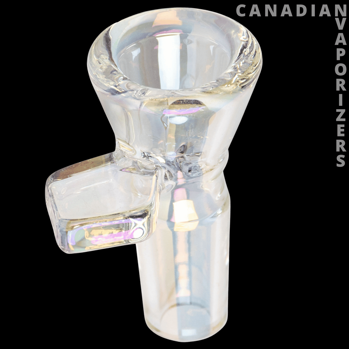 Red Eye Tek 14mm Metallic Terminator Finish Pull-Out - Clear glass pull-out bowl with a flared cup, side handle, and iridescent metallic accents.