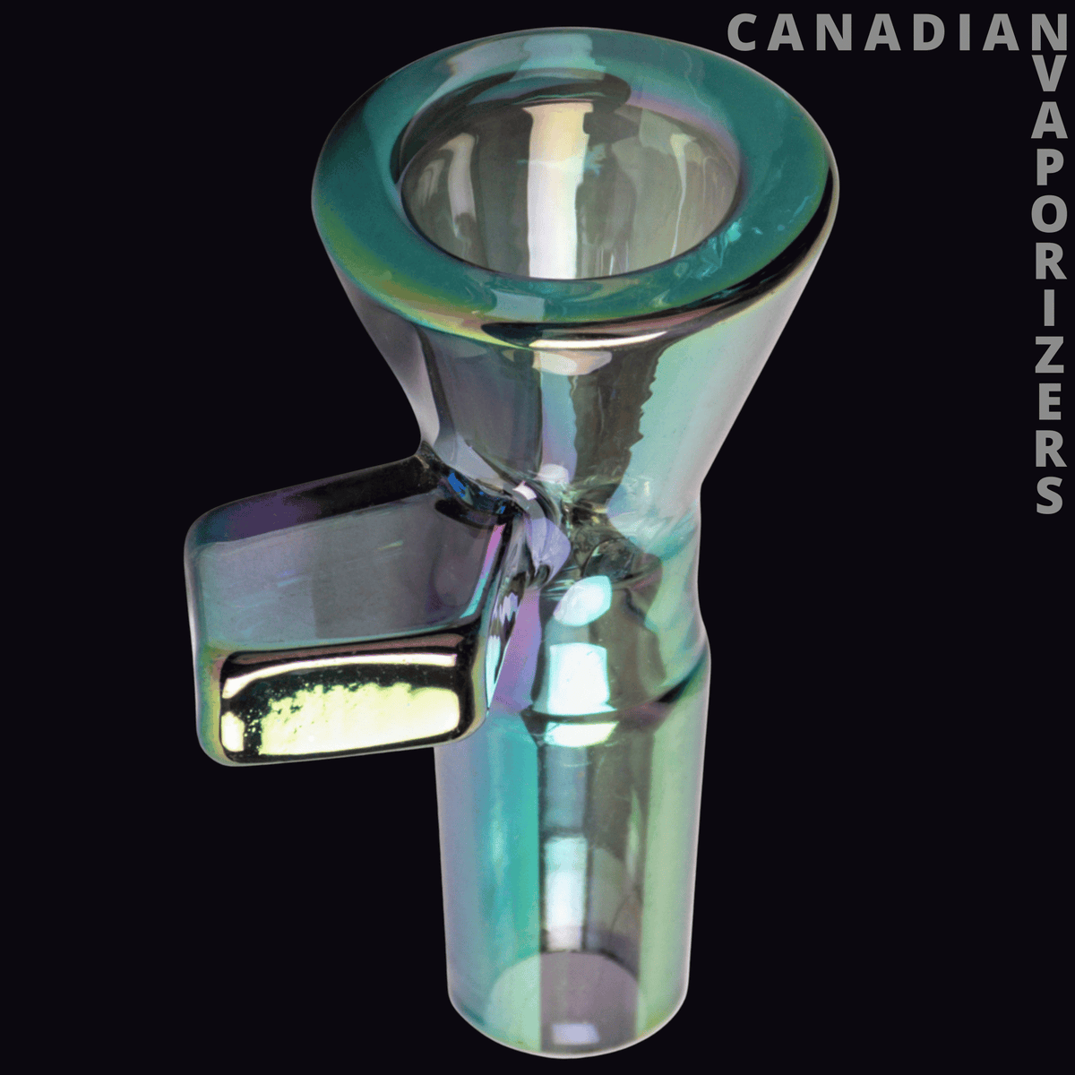 Red Eye Tek 14mm Metallic Terminator Finish Pull-Out - Iridescent metallic blue-green glass pull-out bowl with a flared rim and rectangular side handle.