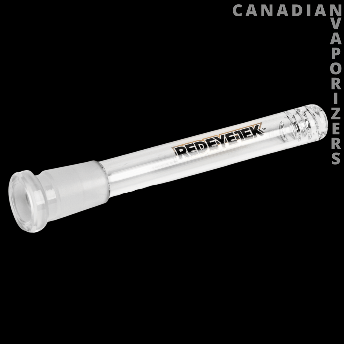 Red Eye Tek 14mm Clear Flush Mount Diffuser Downstem - Clear glass downstem with a frosted flush-mount joint, diffuser end, and red Red Eye Tek logo.