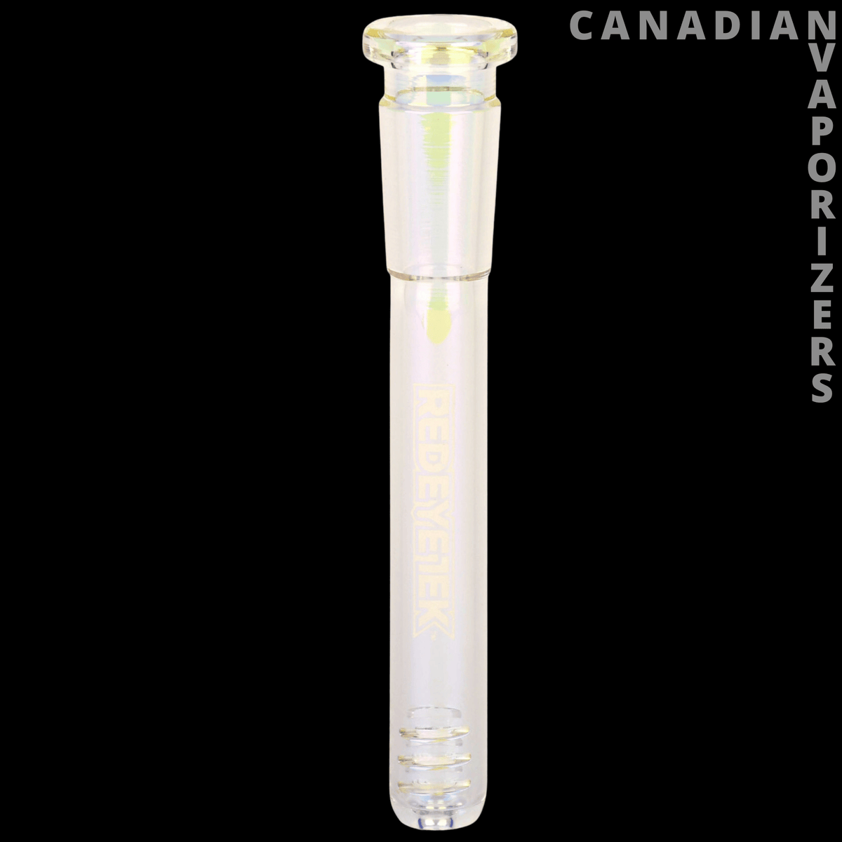 Red Eye Tek 14mm Metallic Terminator Downstem - Clear glass 14mm downstem with a metallic rainbow sheen and perforated diffuser tip.
