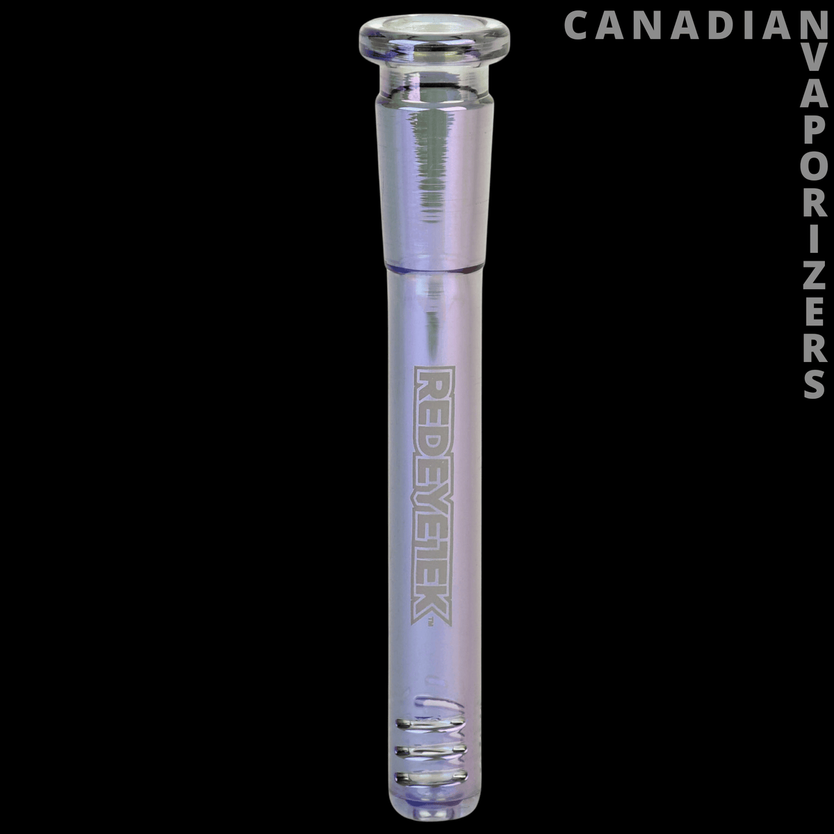 Red Eye Tek 14mm Metallic Terminator Downstem - Ice grey metallic glass downstem with a flared top, Red Eye Tek branding, and ribbed diffuser end.