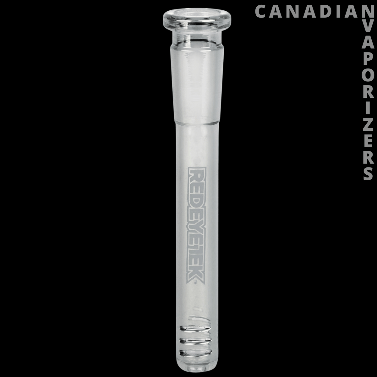 Red Eye Tek 14mm Metallic Terminator Downstem - Clear glass downstem with a wide flared top, Red Eye Tek logo, and slotted diffuser tip.
