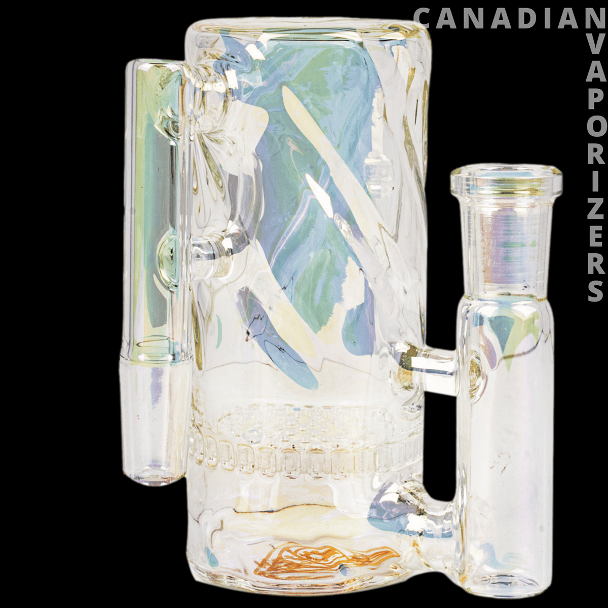 Red Eye Tek 14mm Metallic Terminator Finish Twist Tube Ash Catcher (90 Degree) - Clear glass ash catcher with iridescent blue and gold accents, twist tube, and 90-degree joint.