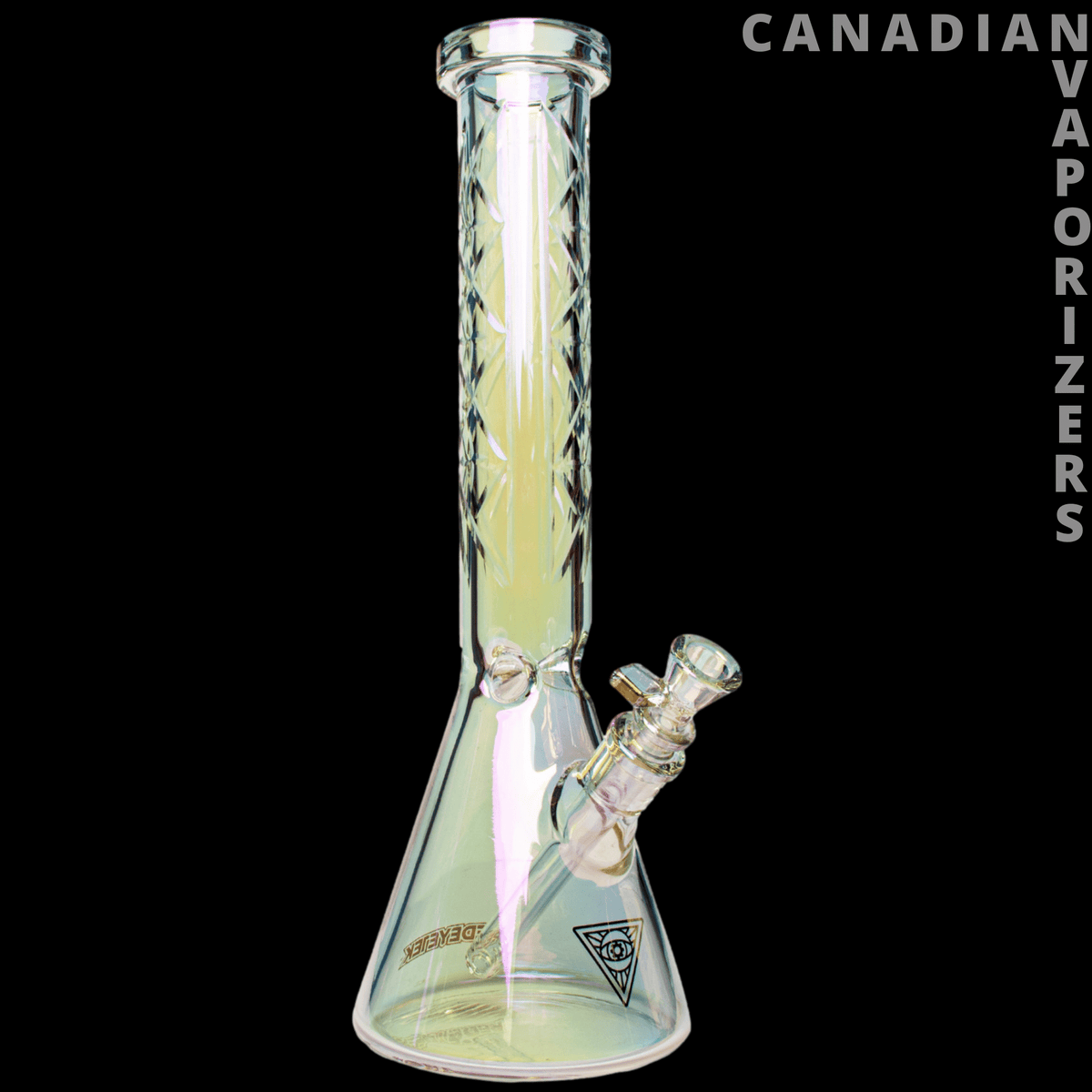 Red Eye Tek | 15" 7mm Thick Metallic Terminator Finish Traditions Series Beaker Tube W/Multi-Pointed Hobstar Details - Rainbow metallic glass beaker tube with a thick base, angled joint, and faceted hobstar details.