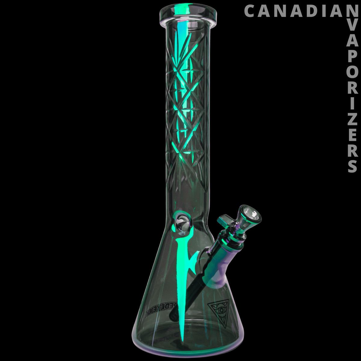Red Eye Tek | 15" 7mm Thick Metallic Terminator Finish Traditions Series Beaker Tube W/Multi-Pointed Hobstar Details - Black metallic beaker tube with glowing turquoise hobstar accents and a matching angled side joint.