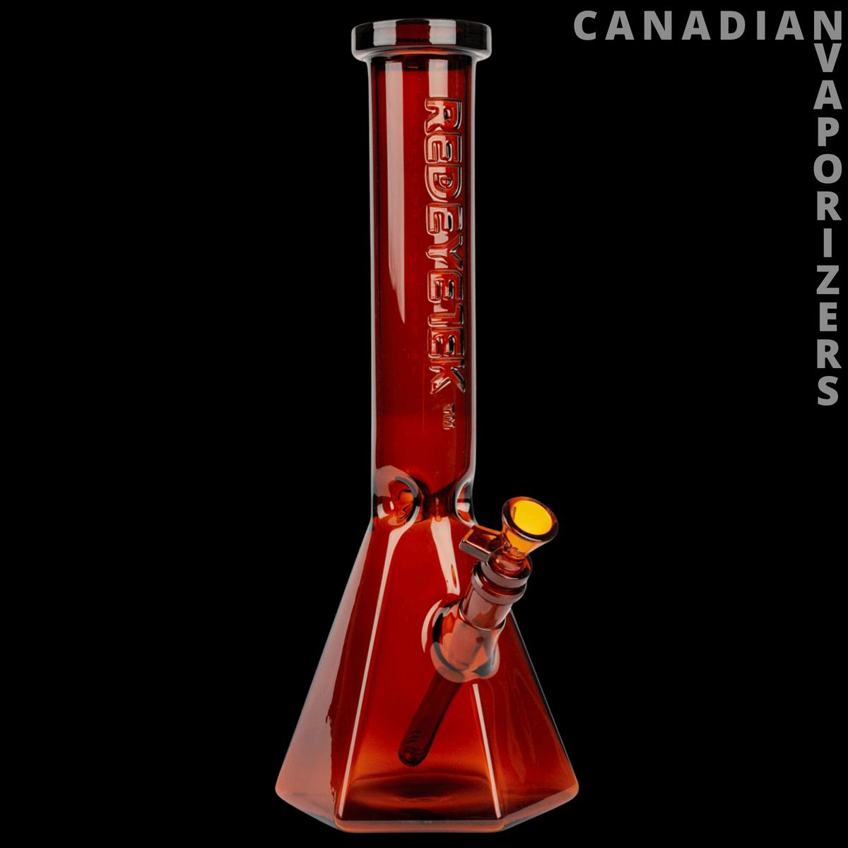 Red Eye Tek 15" Hextatic Tube - Red Eye Tek red glass Hextatic tube with a wide faceted base and angled amber-accented bowl.