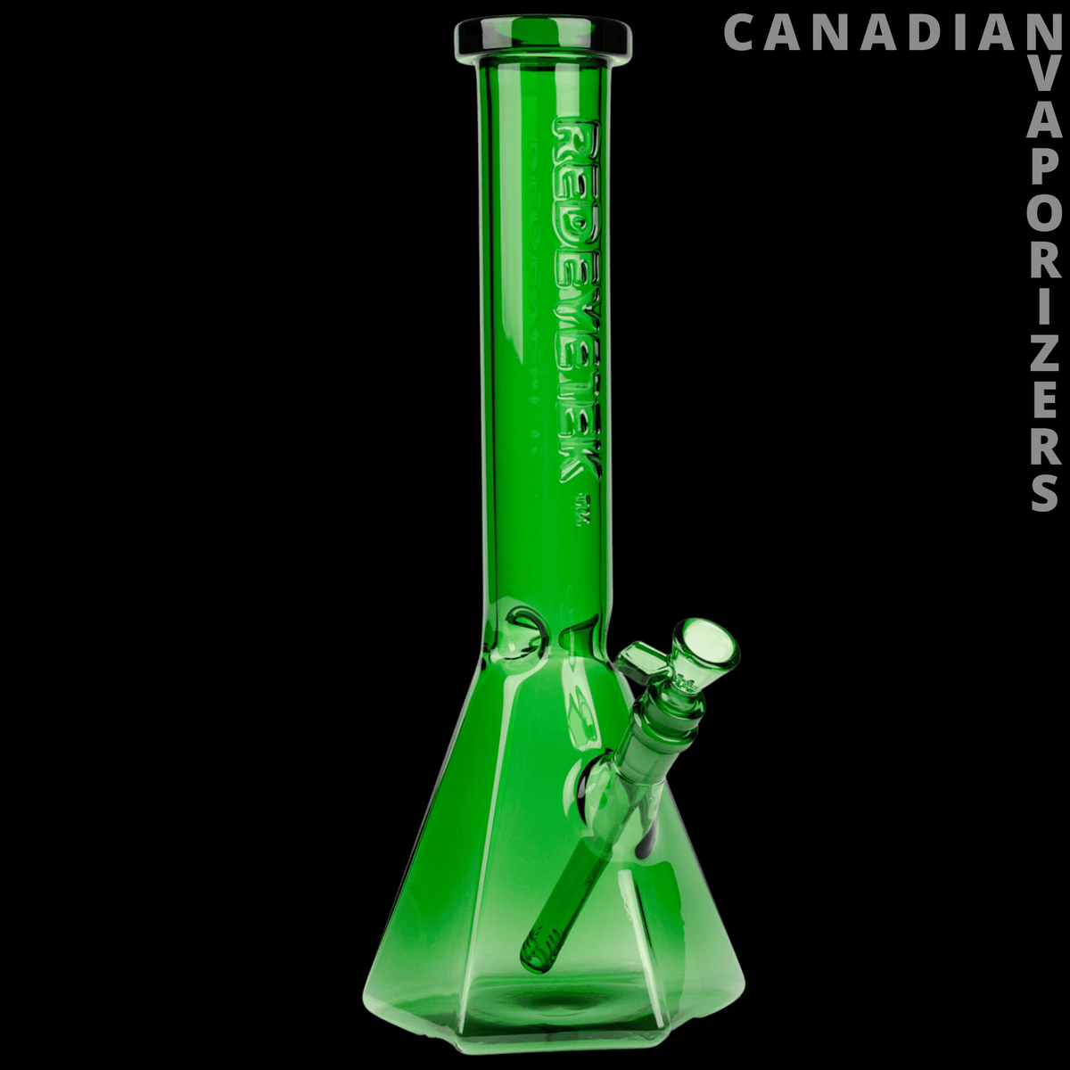 Red Eye Tek 15" Hextatic Tube - Green glass Red Eye Tek water pipe with an angular hexagonal base and angled side mouthpiece.
