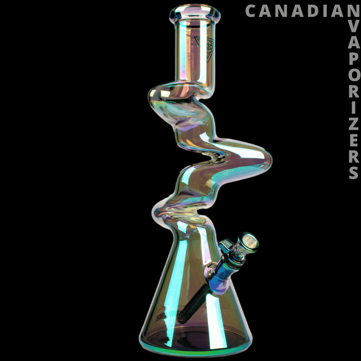 Red Eye Tek | 16" Metallic Terminator Finish 3-Arm Zag Beaker Tube - Rainbow metallic glass beaker tube with a zigzag neck and angled side-mounted bowl.