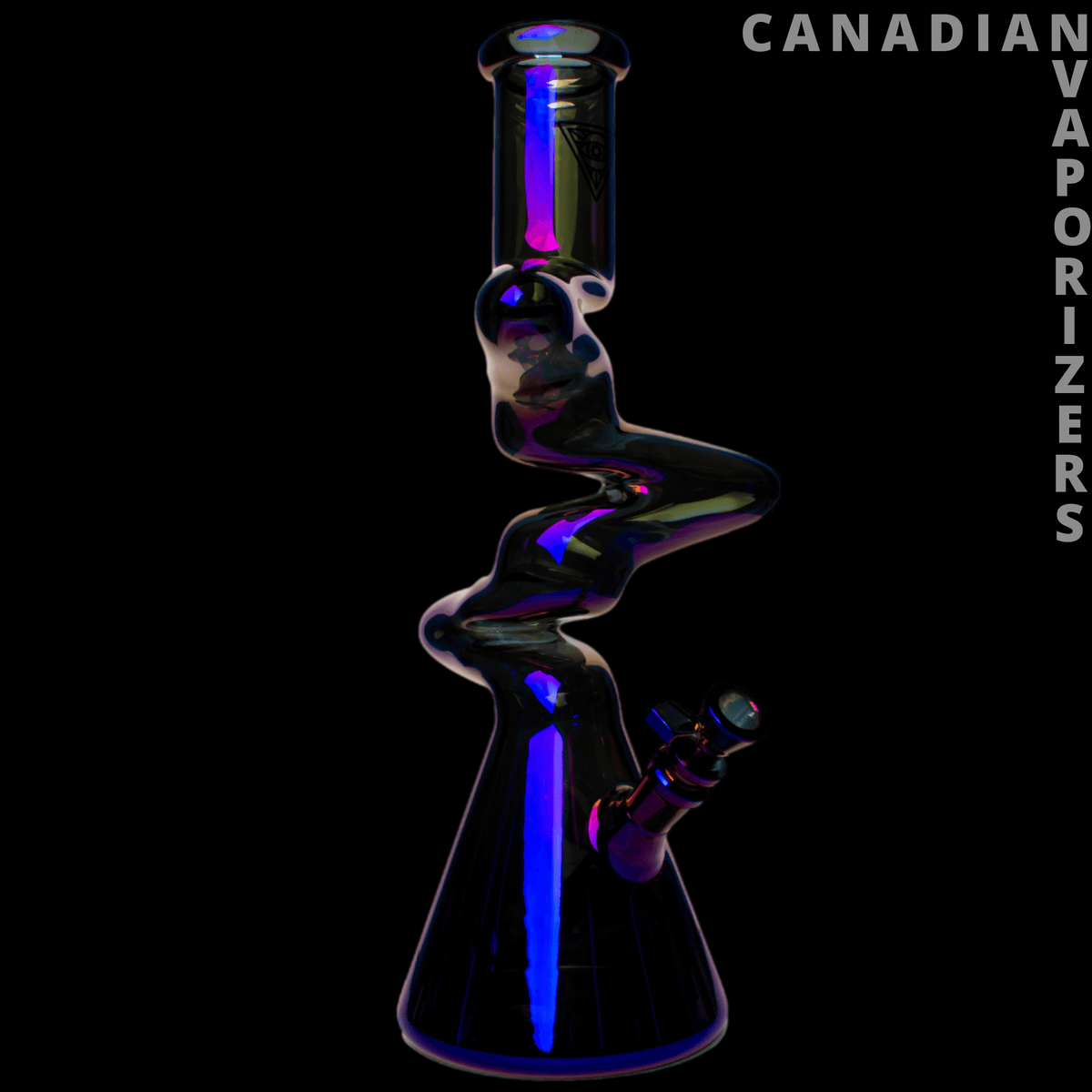 Red Eye Tek | 16" Metallic Terminator Finish 3-Arm Zag Beaker Tube - Black metallic zigzag beaker tube with iridescent blue and purple accents and angled side joint.