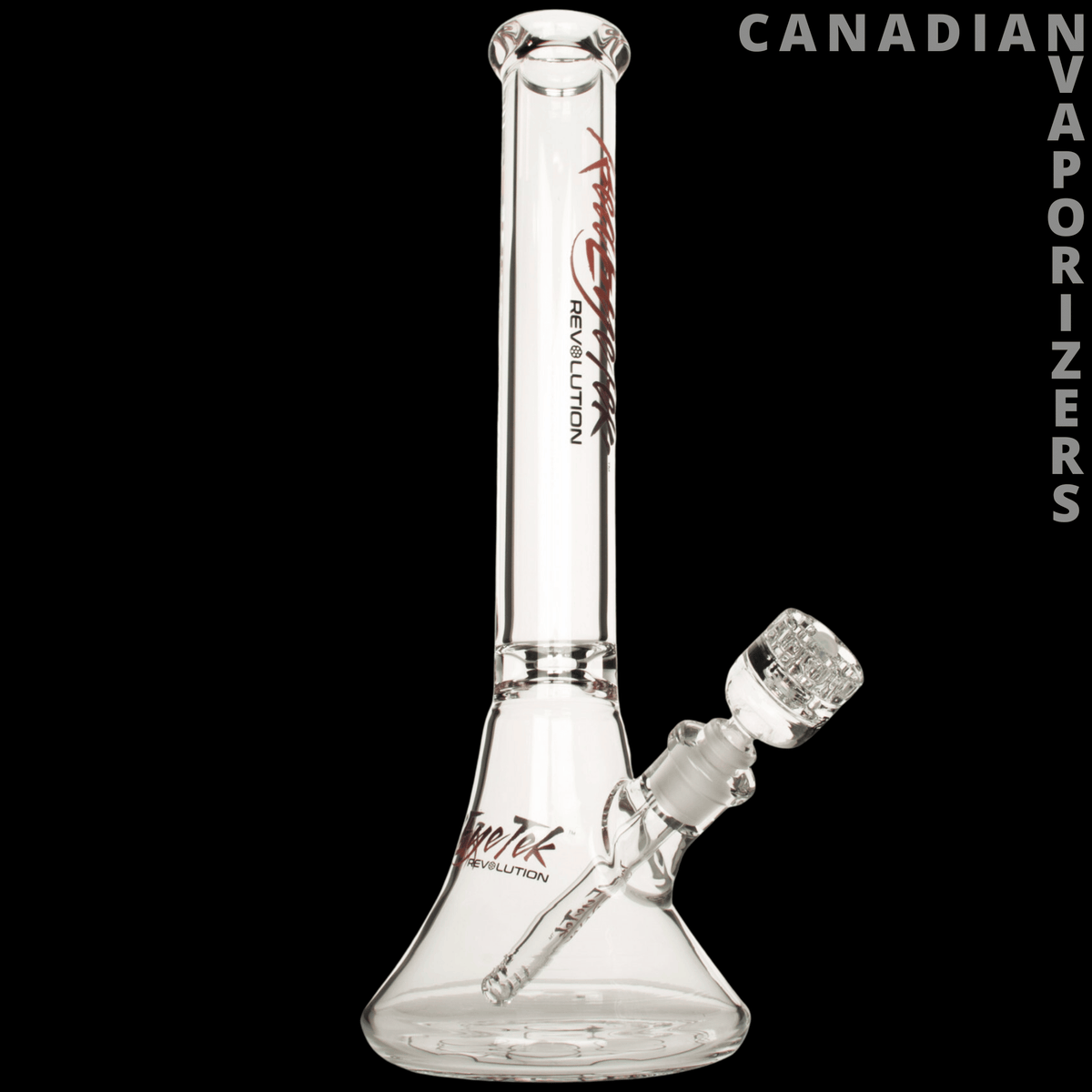 Red Eye Tek 17" 7mm Thick Revolution Bell Base Water Pipe - Clear glass water pipe with a bell-shaped base, angled bowl, and red logo detailing.