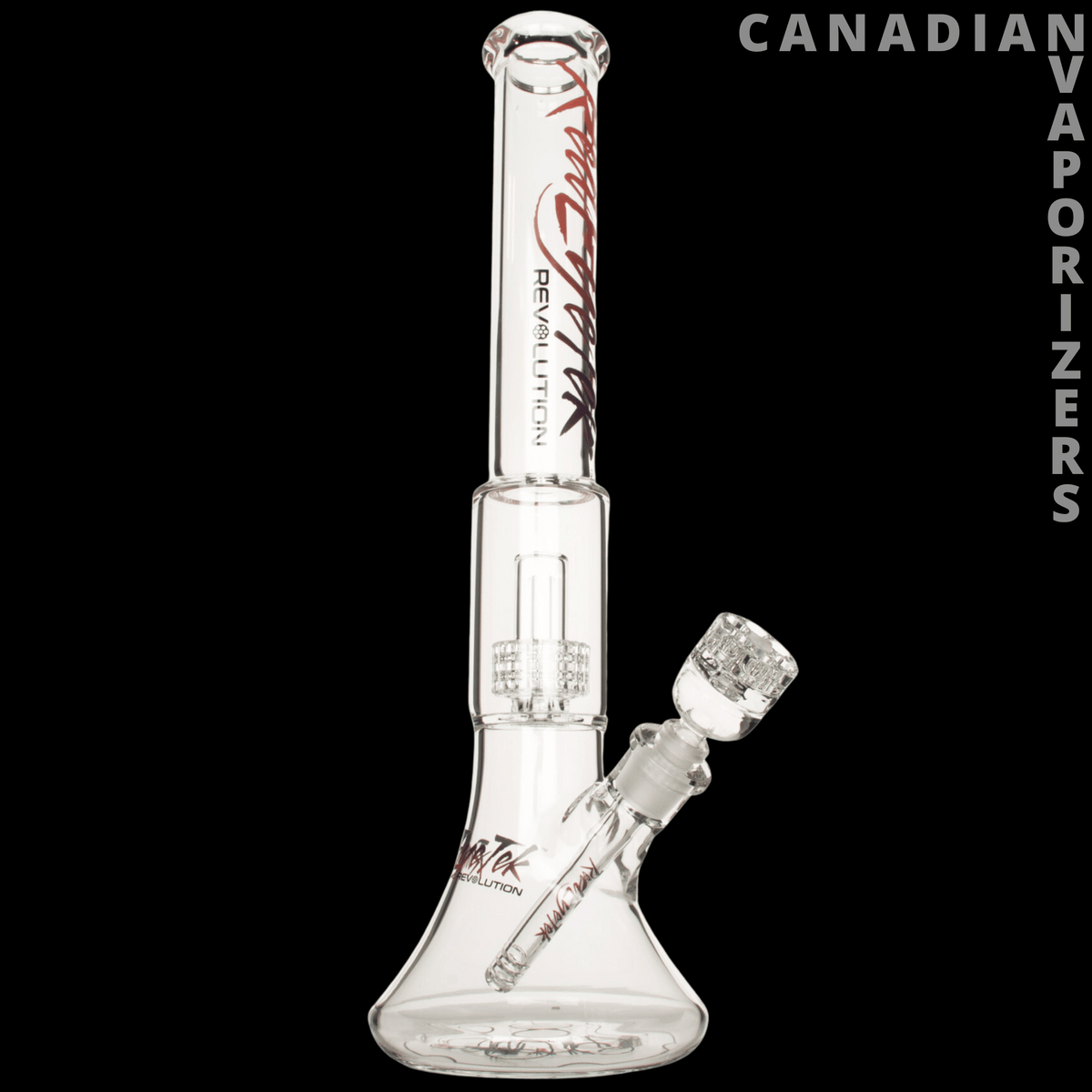 Red Eye Tek 19" 7mm Thick Revolution Dual Chamber Bell Base Water Pipe - Clear glass dual-chamber water pipe with a wide bell base, angled joint, and red branding.