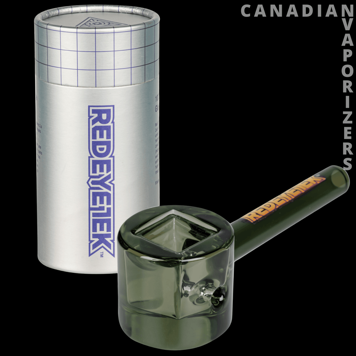 Red Eye Tek 4.5" Infinity Bowl Circle Hand Pipe - Smoke-gray glass hand pipe with a round bowl and long stem beside a silver Red Eye Tek storage tube.