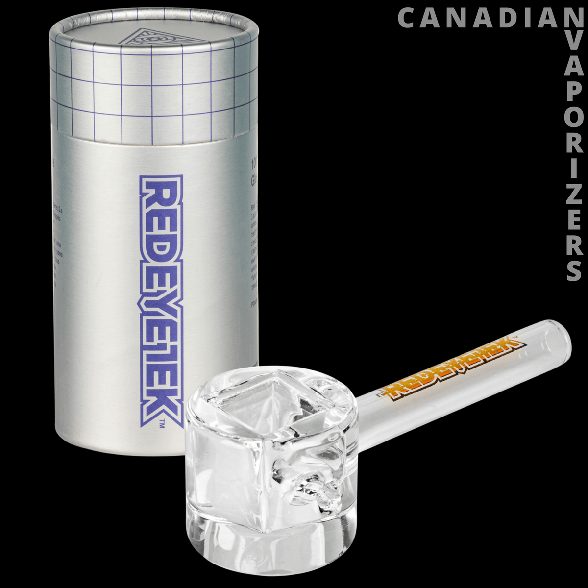 Red Eye Tek 4.5" Infinity Bowl Circle Hand Pipe - Clear glass hand pipe with a faceted bowl and amber lettering beside a silver Red Eye Tek container.