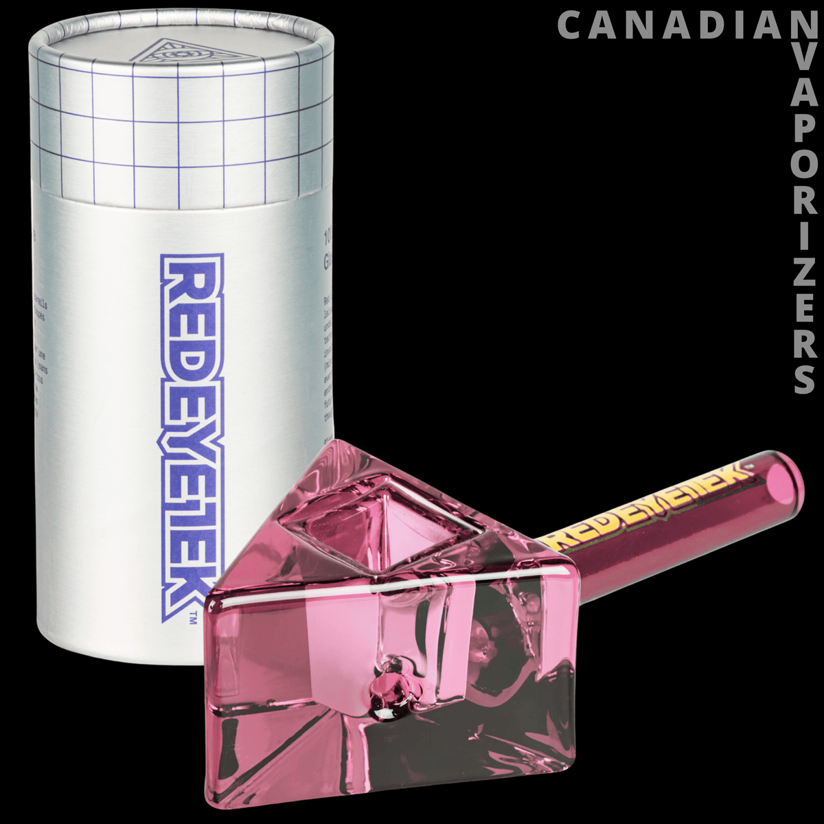 Red Eye Tek 4.5" Infinity Bowl Triangle Hand Pipe - Pink translucent triangular glass hand pipe with an angular bowl and long, narrow mouthpiece beside a metal tube.