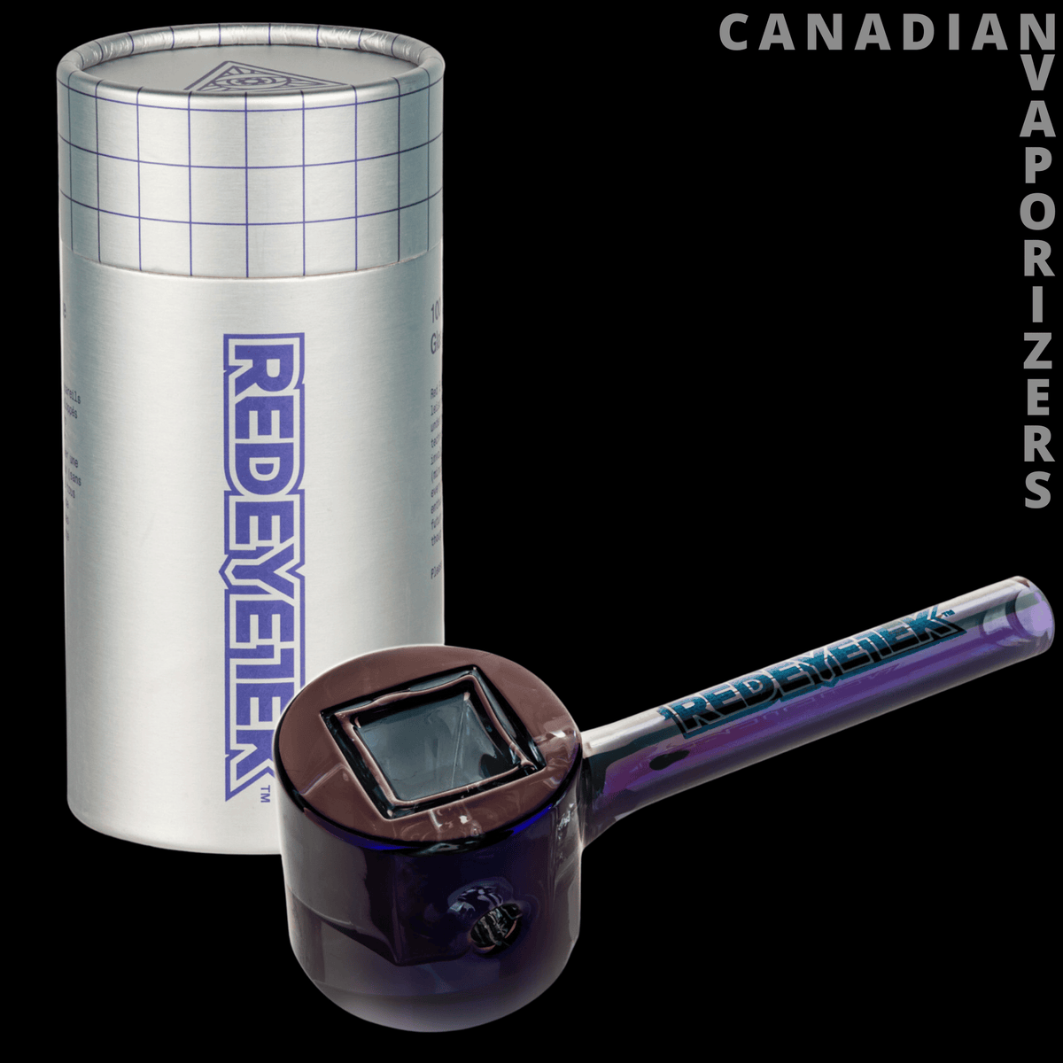 Red Eye Tek 4.5" Metallic Terminator Finish Infinity Bowl Circle Hand Pipe - Metallic purple glass hand pipe with a deep round bowl and long straight stem, beside a silver Red Eye Tek tube.