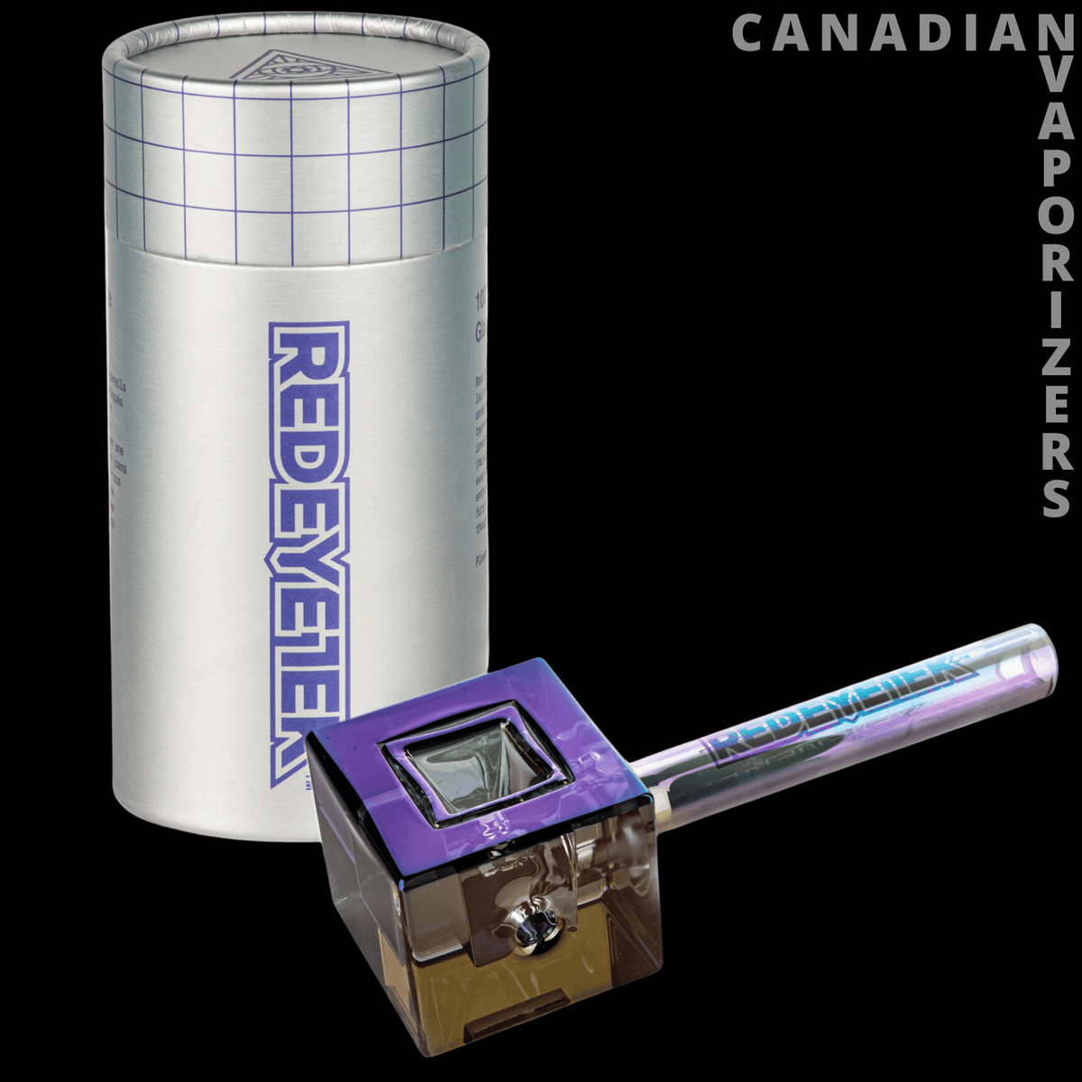 Red Eye Tek 4.5" Metallic Terminator Finish Infinity Bowl Square Hand Pipe - Metallic square hand pipe with a purple-rainbow finish, square bowl, and matching iridescent stem beside a silver cylinder.