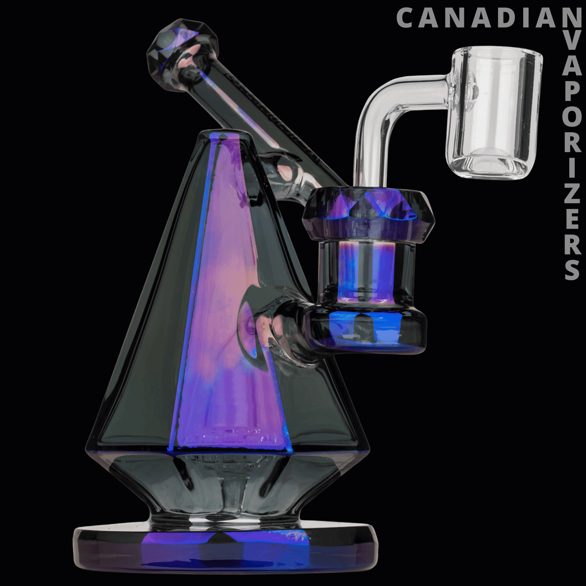 Red Eye Tek 5" Metallic Terminator Finish Pyxis Pyramid Concentrate Rig - Rainbow-finish glass concentrate rig with a pyramid-shaped base, angled neck, and clear quartz banger.