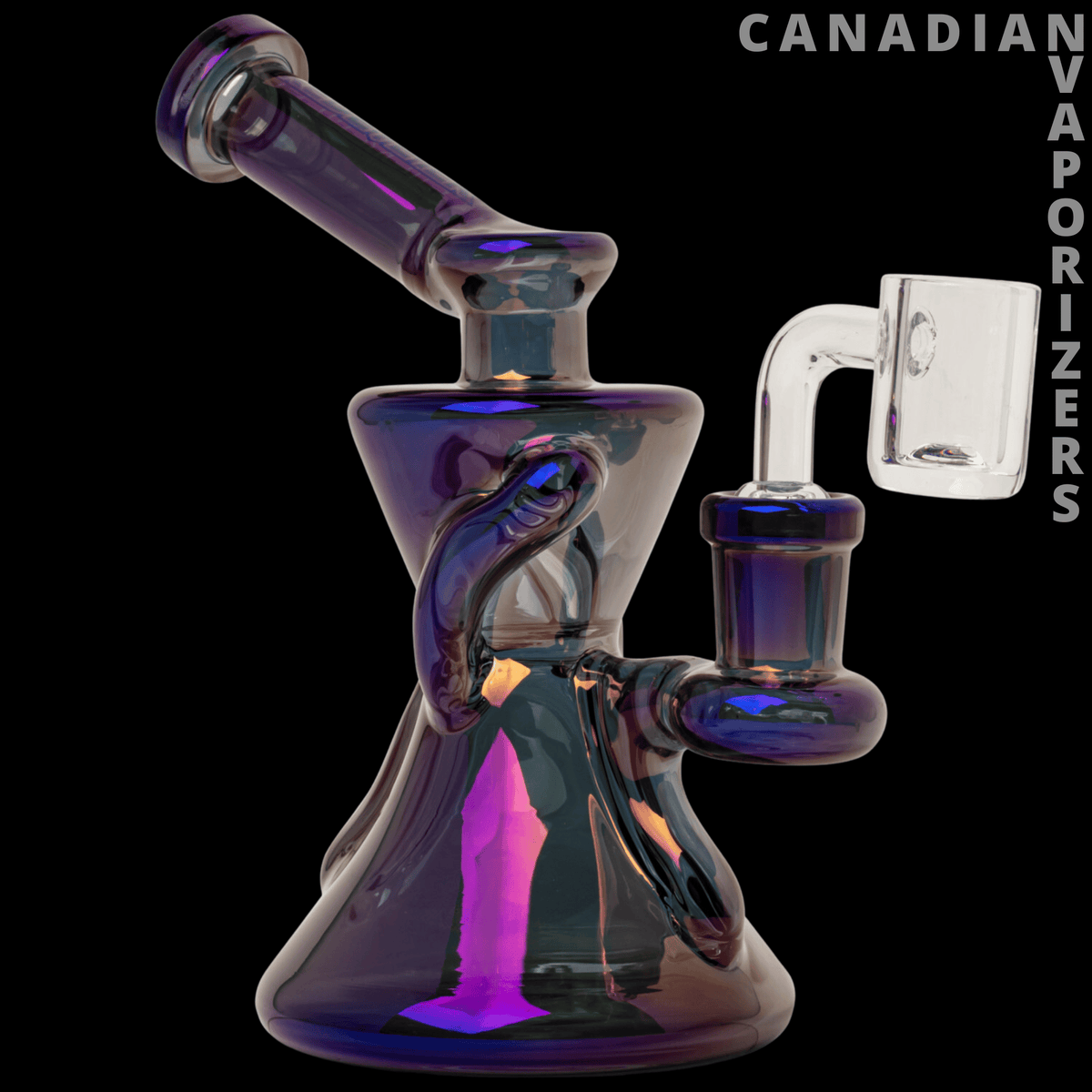 Red Eye Tek | 6" Metallic Terminator Finish Gamma Concentrate Recycler - Metallic blue and purple glass concentrate recycler with a flared base, curved chambers, and quartz banger.