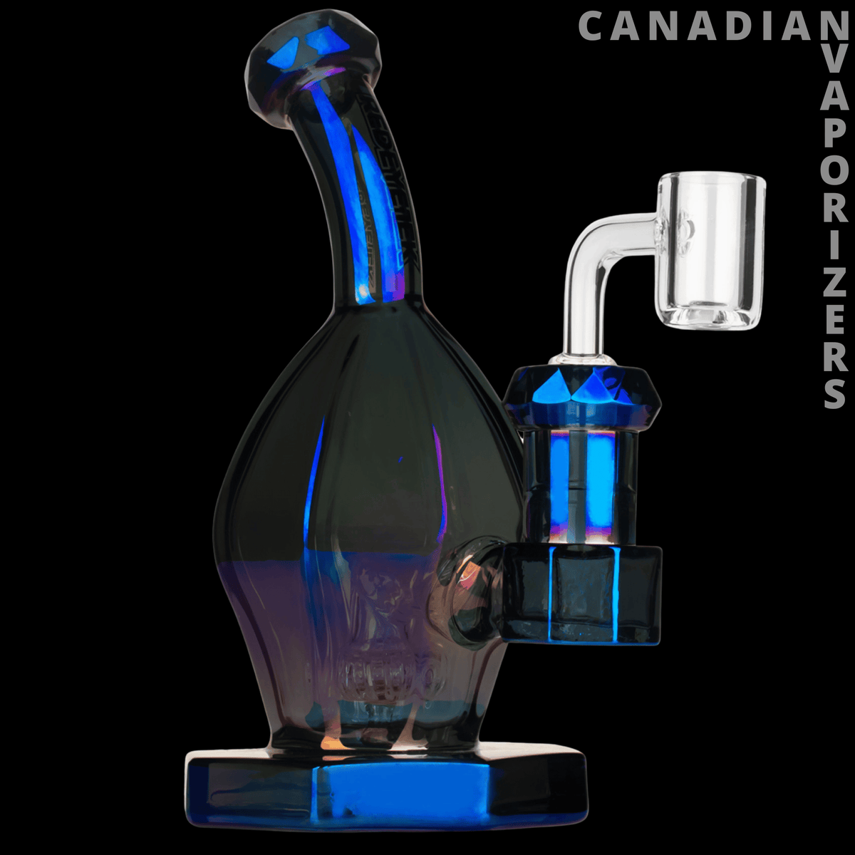 Red Eye Tek 7" Metallic Terminator Finish Aquila Concentrate Rig - Black glass concentrate rig with iridescent blue accents, curved neck, and clear quartz banger.