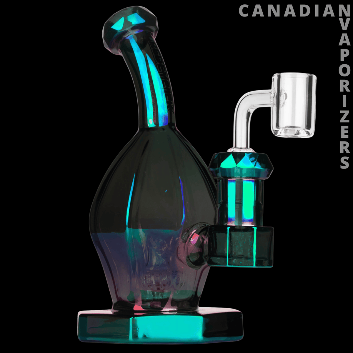 Red Eye Tek 7" Metallic Terminator Finish Aquila Concentrate Rig - Compact glass concentrate rig with an iridescent black, teal, and purple body, curved neck, and clear angled mouthpiece.
